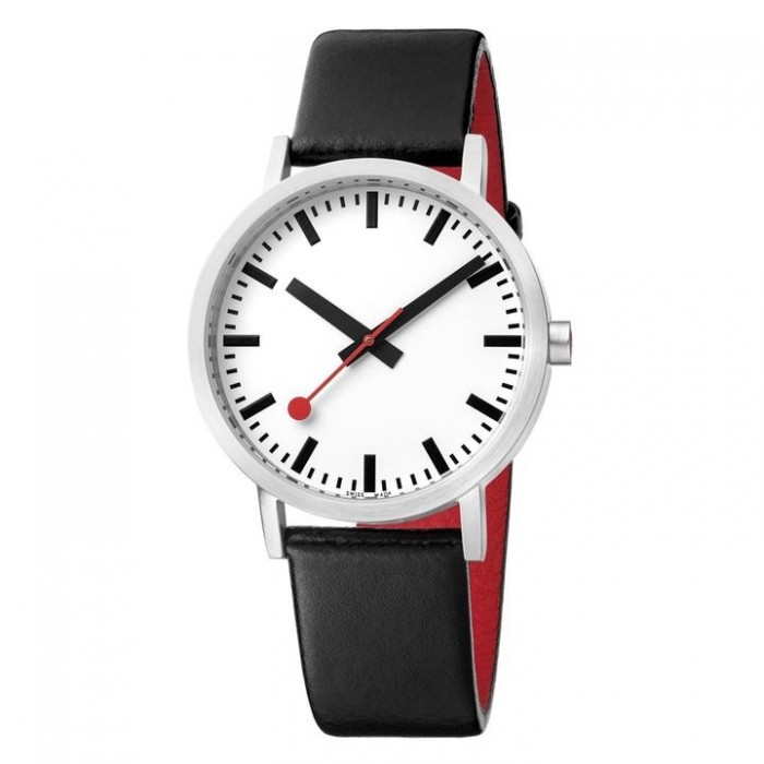 Mondaine Classic 40mm Stainless Steel Brushed White Dial Black leather strap Red lining