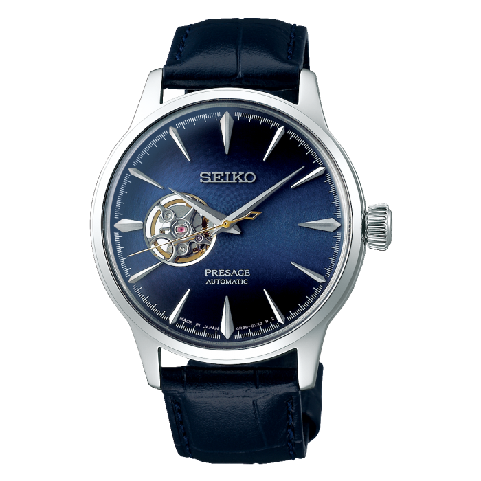 SSA405J SEIKO Presage Blue Moon dress watch automatic cal 4R38 open heart with blue leather strap.