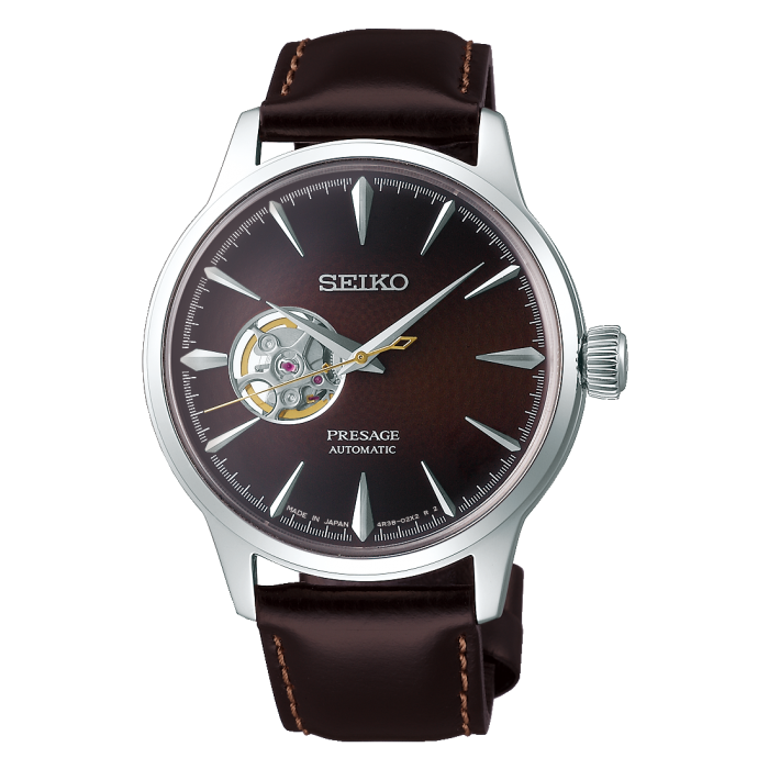 SSA407J Seiko Presage Midnight Cocktail dress watch brown dial open heart on nine  cal 4R38 with brown leather strap